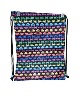 Space Invaders Drawstring Backpack Retro Gamer Cinch Sack Rainbow Pixel Bag